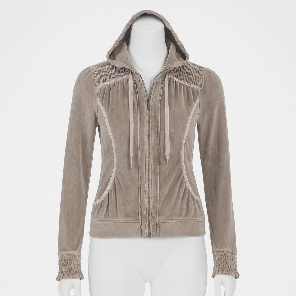 DKNY Active‎ Womens Medium Black Velour Hoodie Taupe Full Zip Retro Vintage Y2K